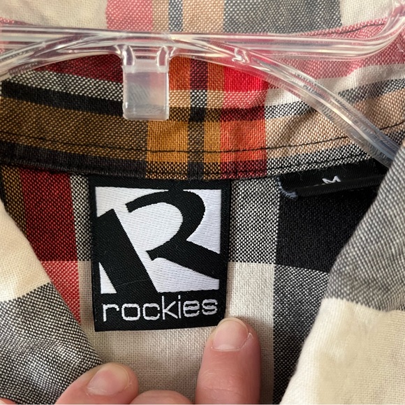 Rockies size medium red orange tan and black plaid button down western shirt - Picture 3 of 6